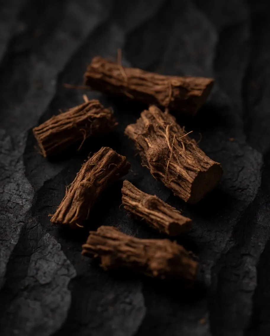 Tongkat ali root specimens on a dark weighing tray under warm light