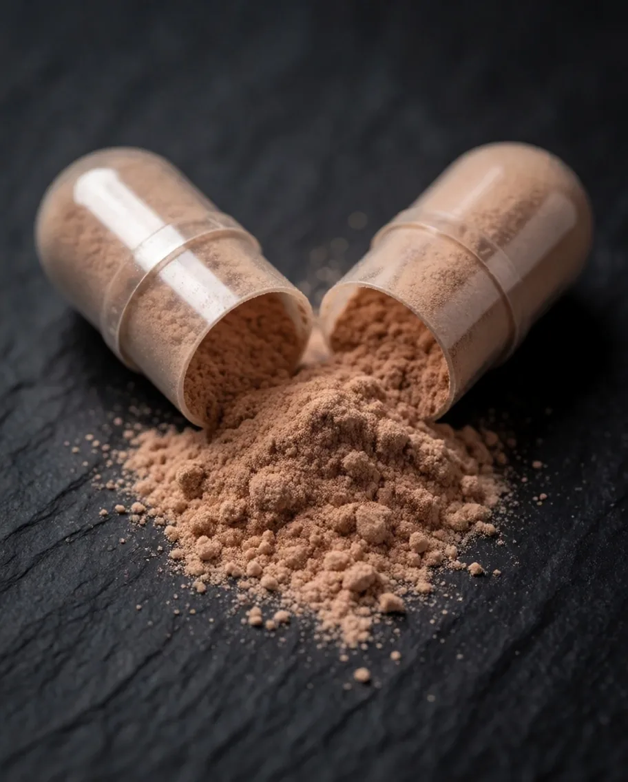 Split capsule with powder on dark surface