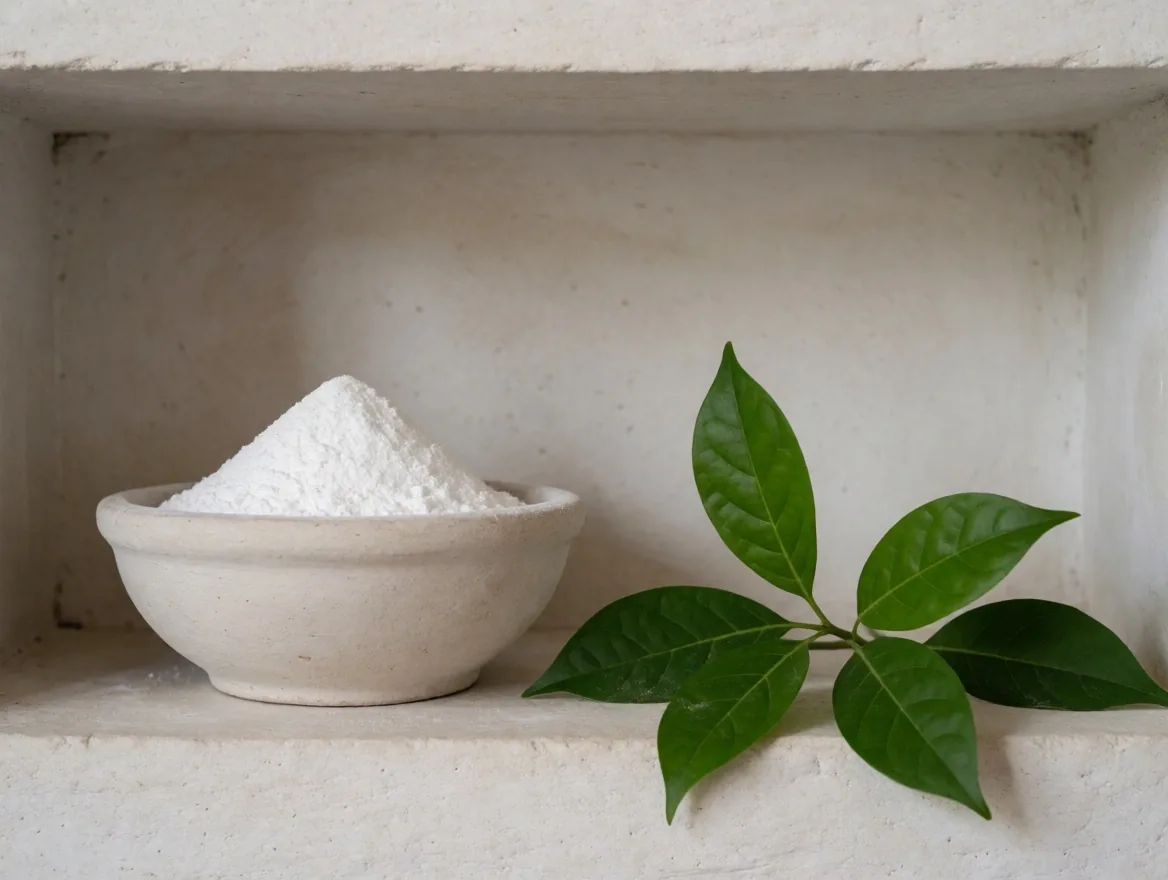 Amino acid powder in a mortar on dark surface
