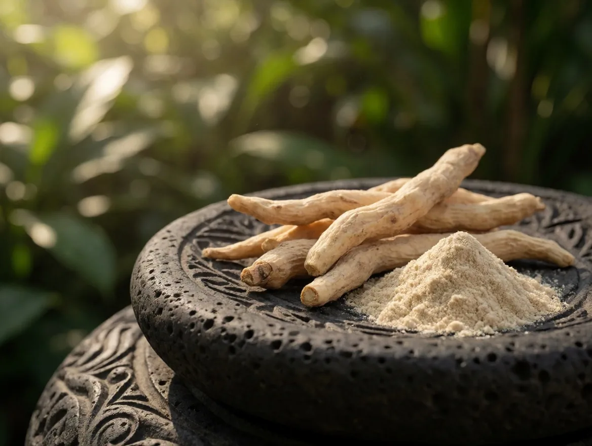 Ashwagandha root specimen on dark stone