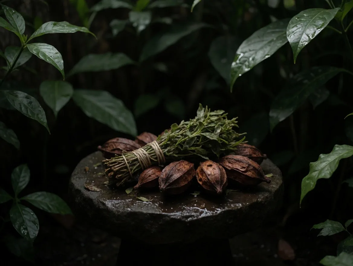 Guarana seeds and green tea leaves on dark surface