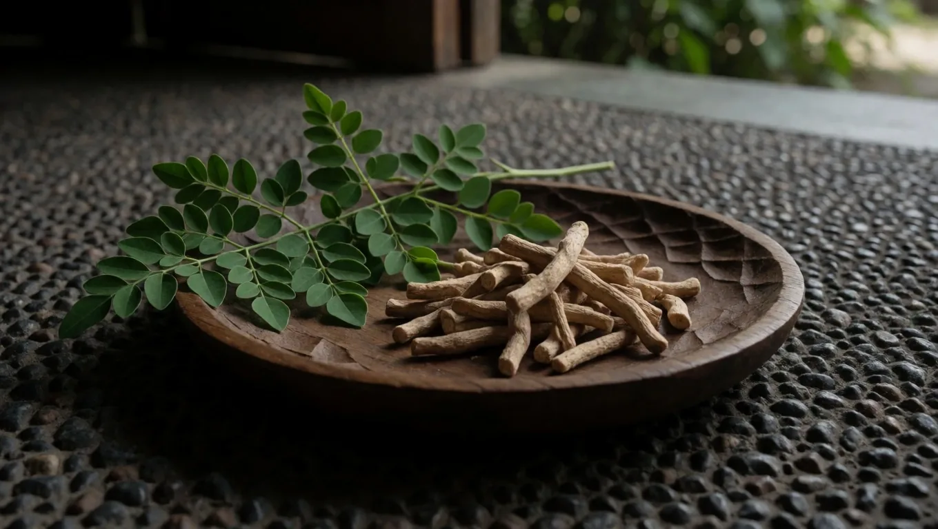 Moringa leaves on dark surface