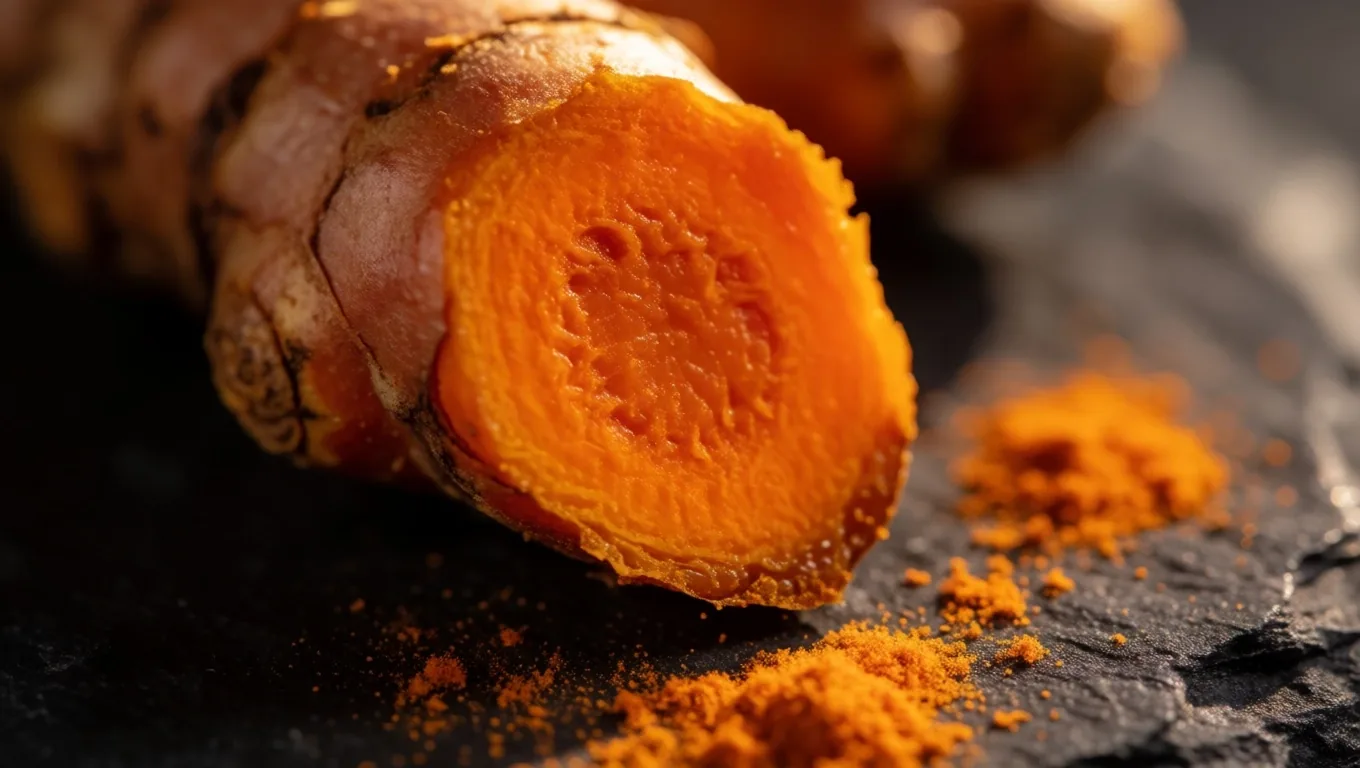 Turmeric rhizome close-up on dark stone