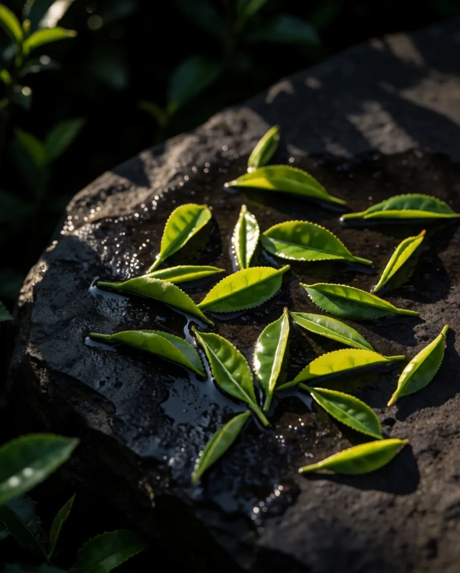 Green tea leaves on dark stone