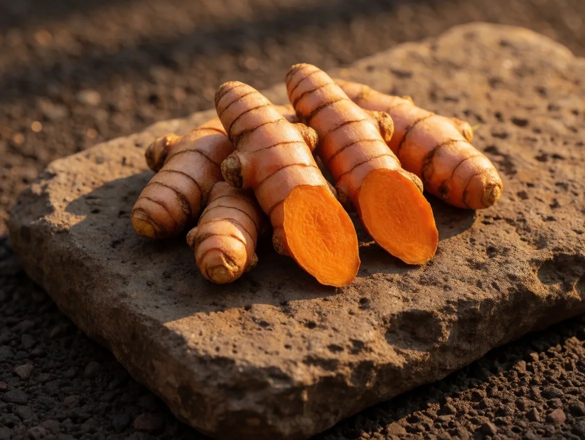 Turmeric rhizome on dark stone