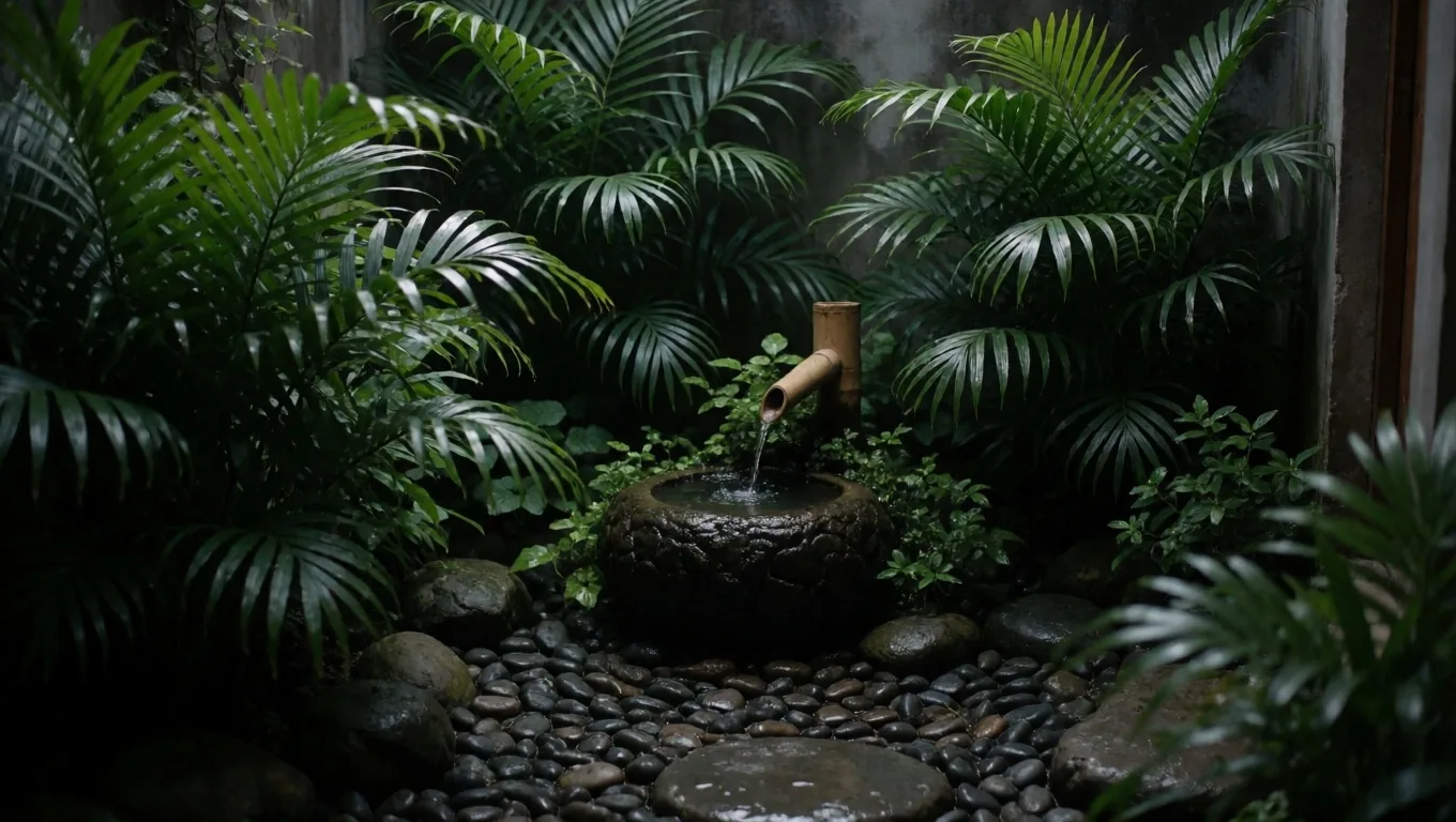 Tropical botanical specimens on dark stone under warm light