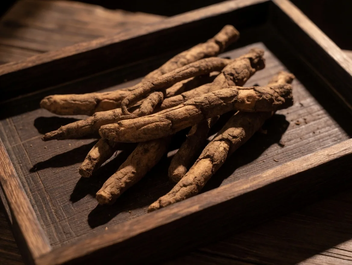 Tongkat ali root specimen on a dark surface