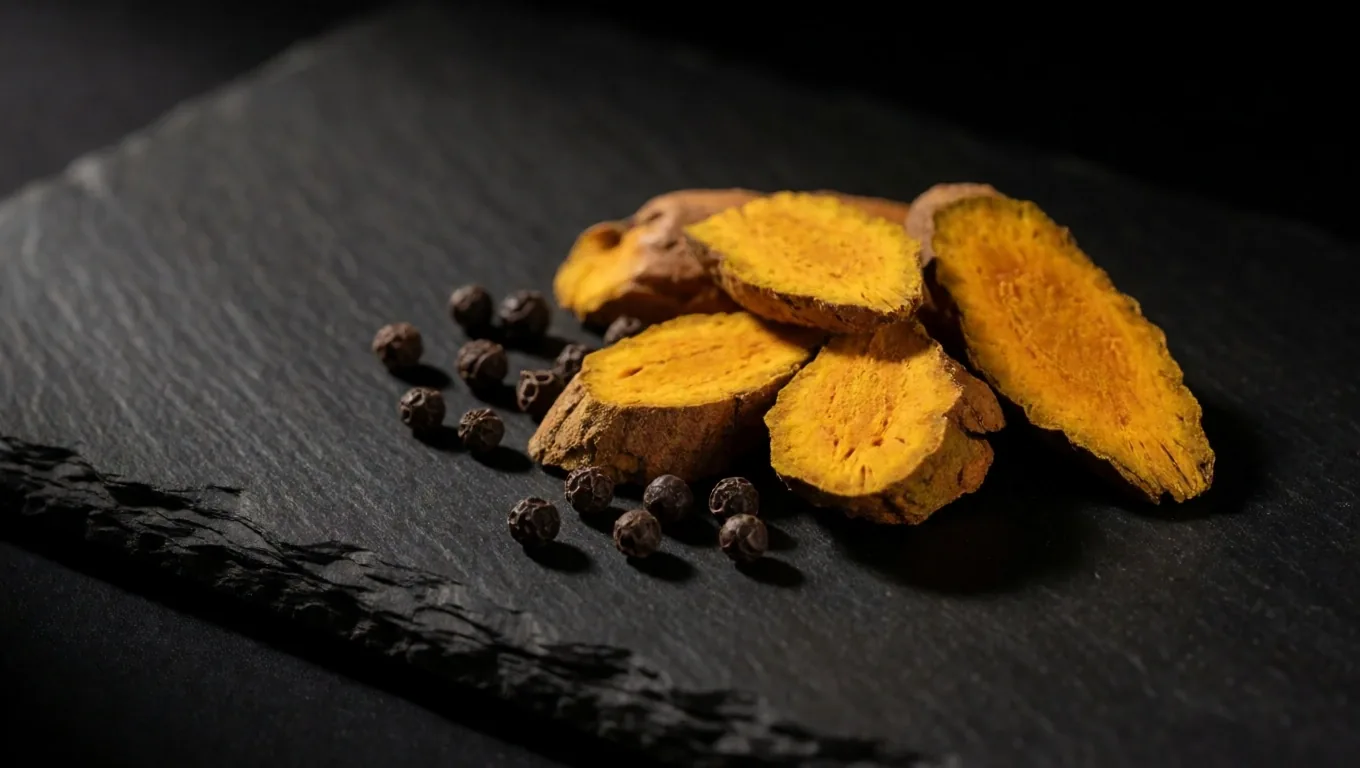 Turmeric rhizome specimens arranged on a dark stone surface