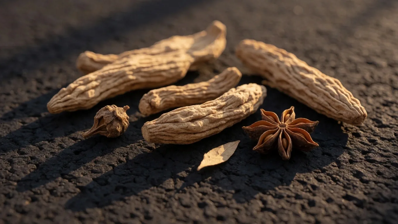 Turmeric and ginger root specimens on dark stone under warm light