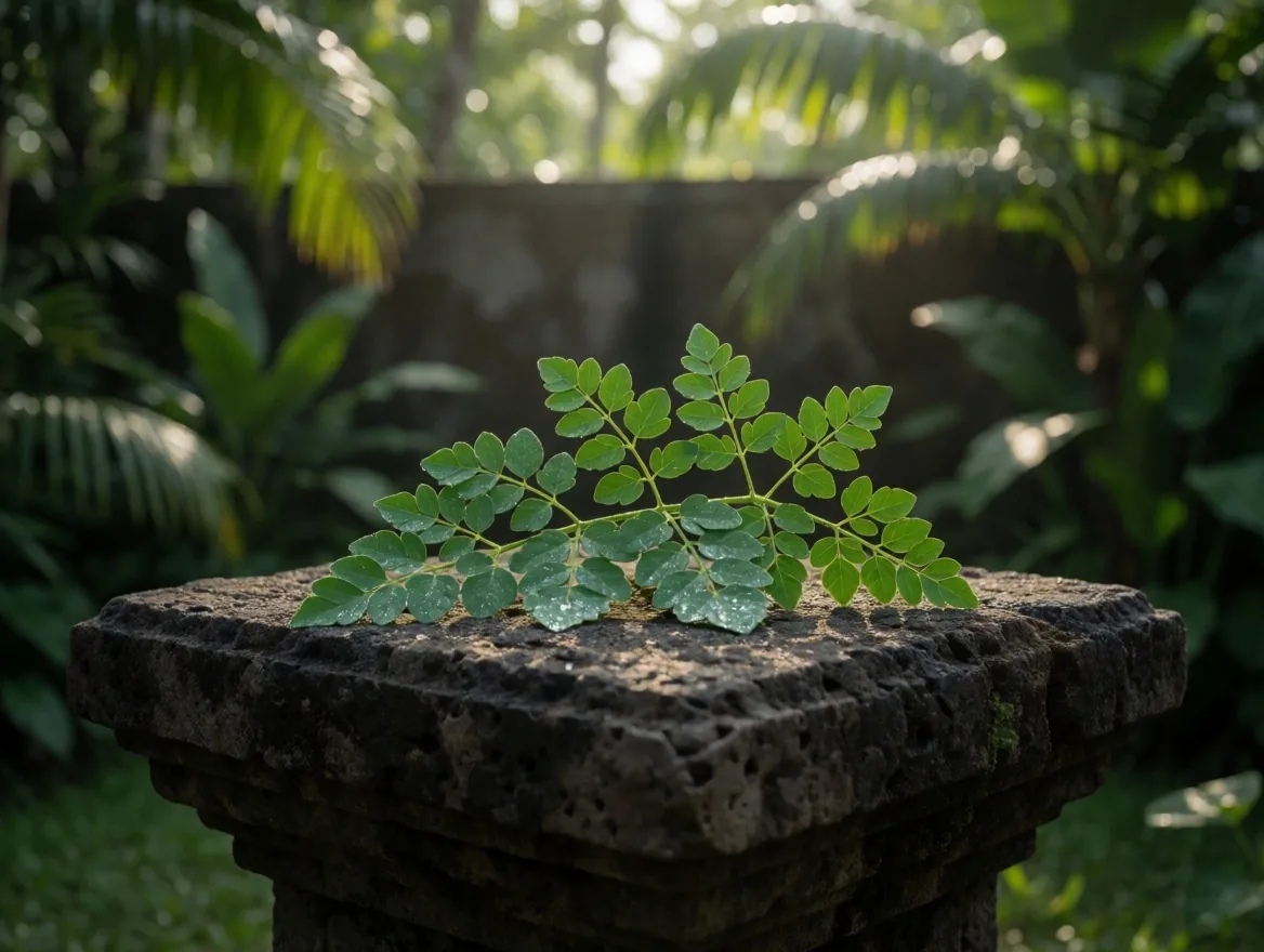 Moringa leaves arranged on dark surface