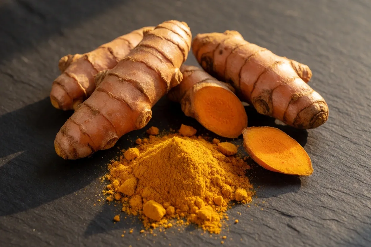 Turmeric rhizome on dark surface in warm light